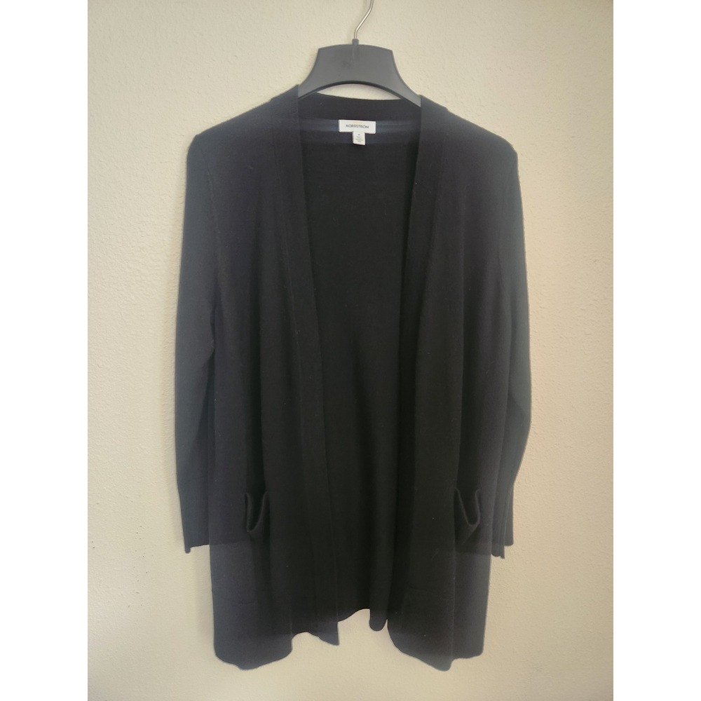 Nordstrom Black Merino Wool Blend Open Front Cardigan Sweater Pockets Medium - Picture 2 of 6